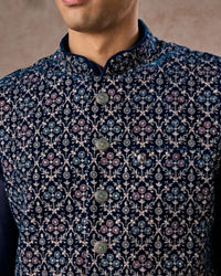 Manyavar Men Elegant Teal Blue Velvet Nehru Jacket