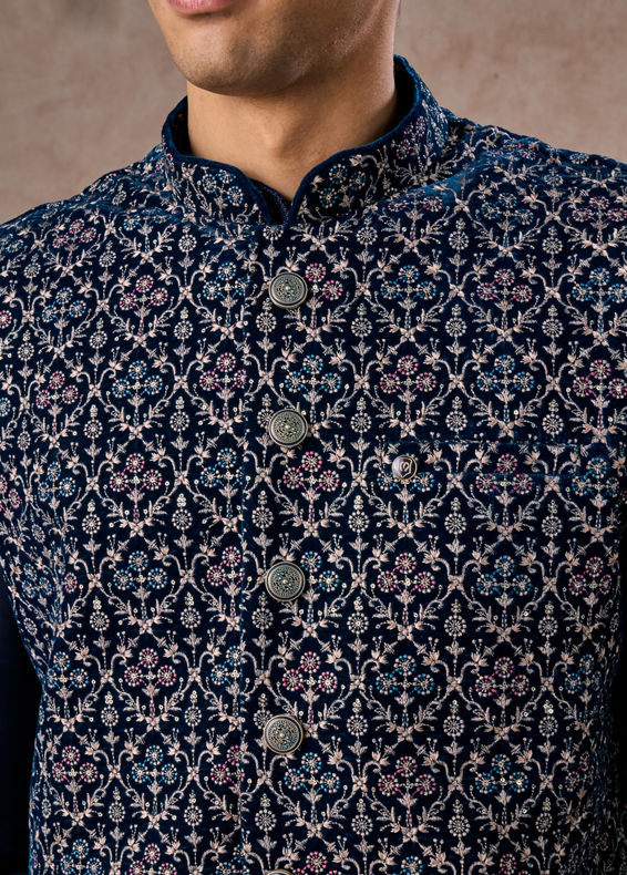Manyavar Men Elegant Teal Blue Velvet Nehru Jacket