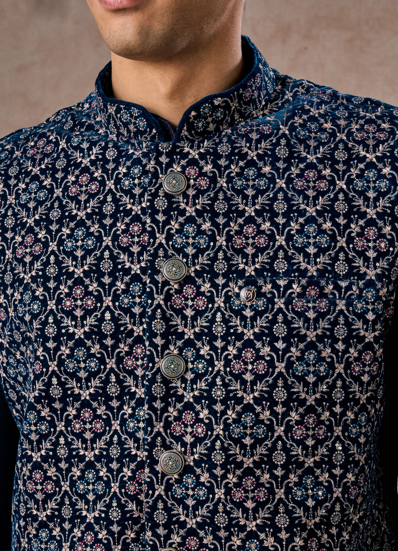 Manyavar Men Elegant Teal Blue Velvet Nehru Jacket