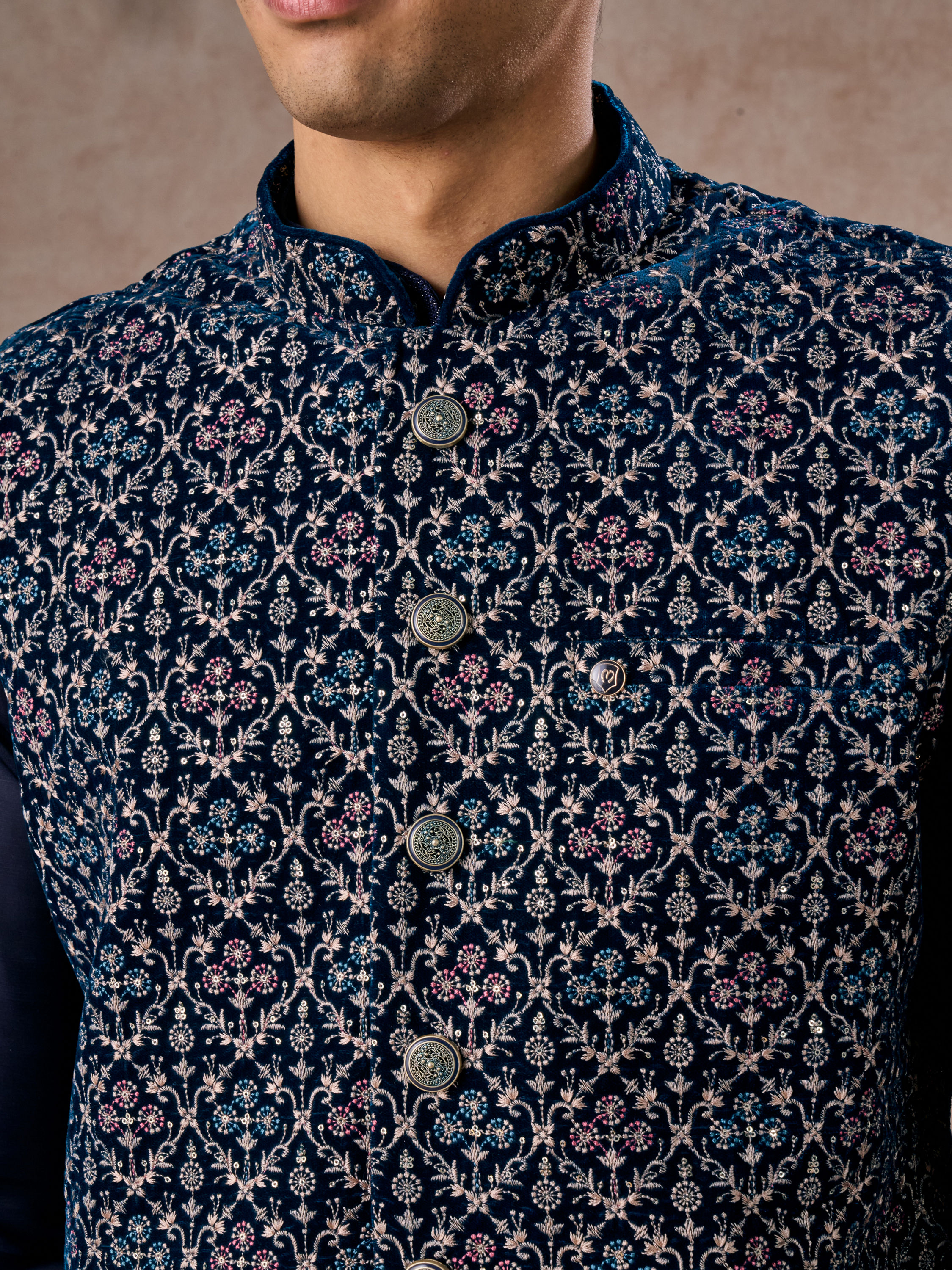 Manyavar Men Elegant Teal Blue Velvet Nehru Jacket