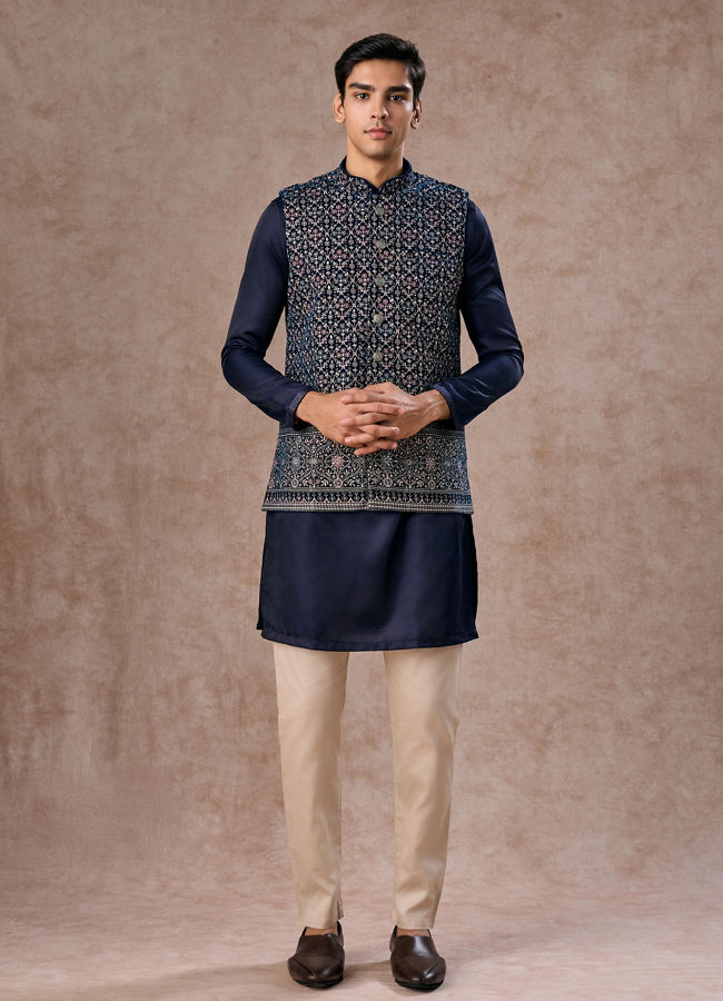 Manyavar Men Elegant Teal Blue Velvet Nehru Jacket