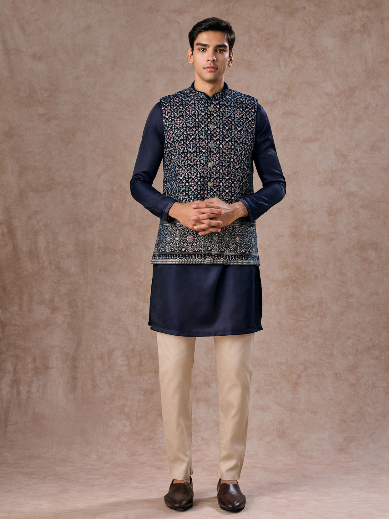 Manyavar Men Elegant Teal Blue Velvet Nehru Jacket