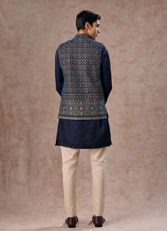 Manyavar Men Elegant Teal Blue Velvet Nehru Jacket
