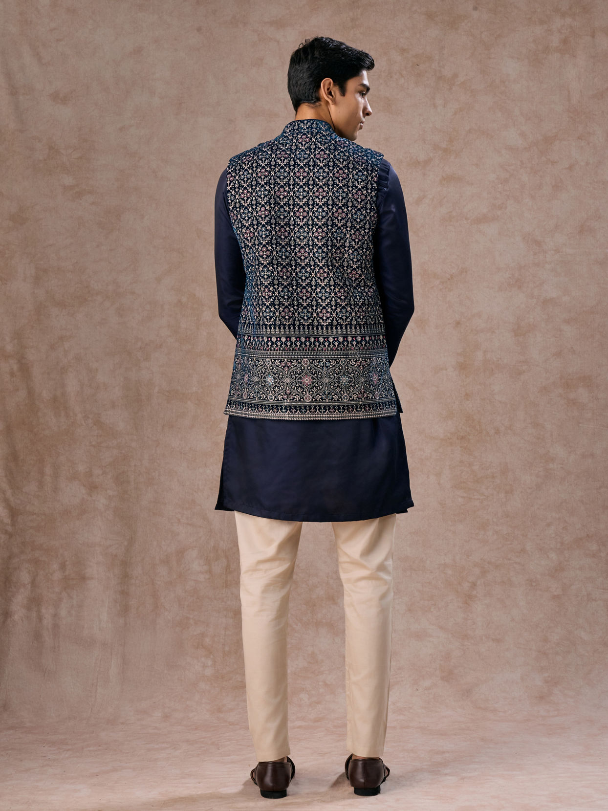 Manyavar Men Elegant Teal Blue Velvet Nehru Jacket