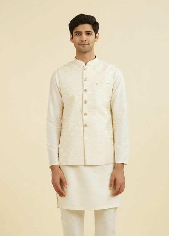 Manyavar Men Cream Brocade Nehru Jacket