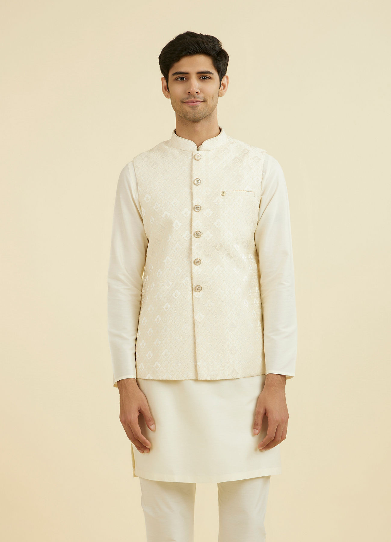 Manyavar Men Cream Brocade Nehru Jacket