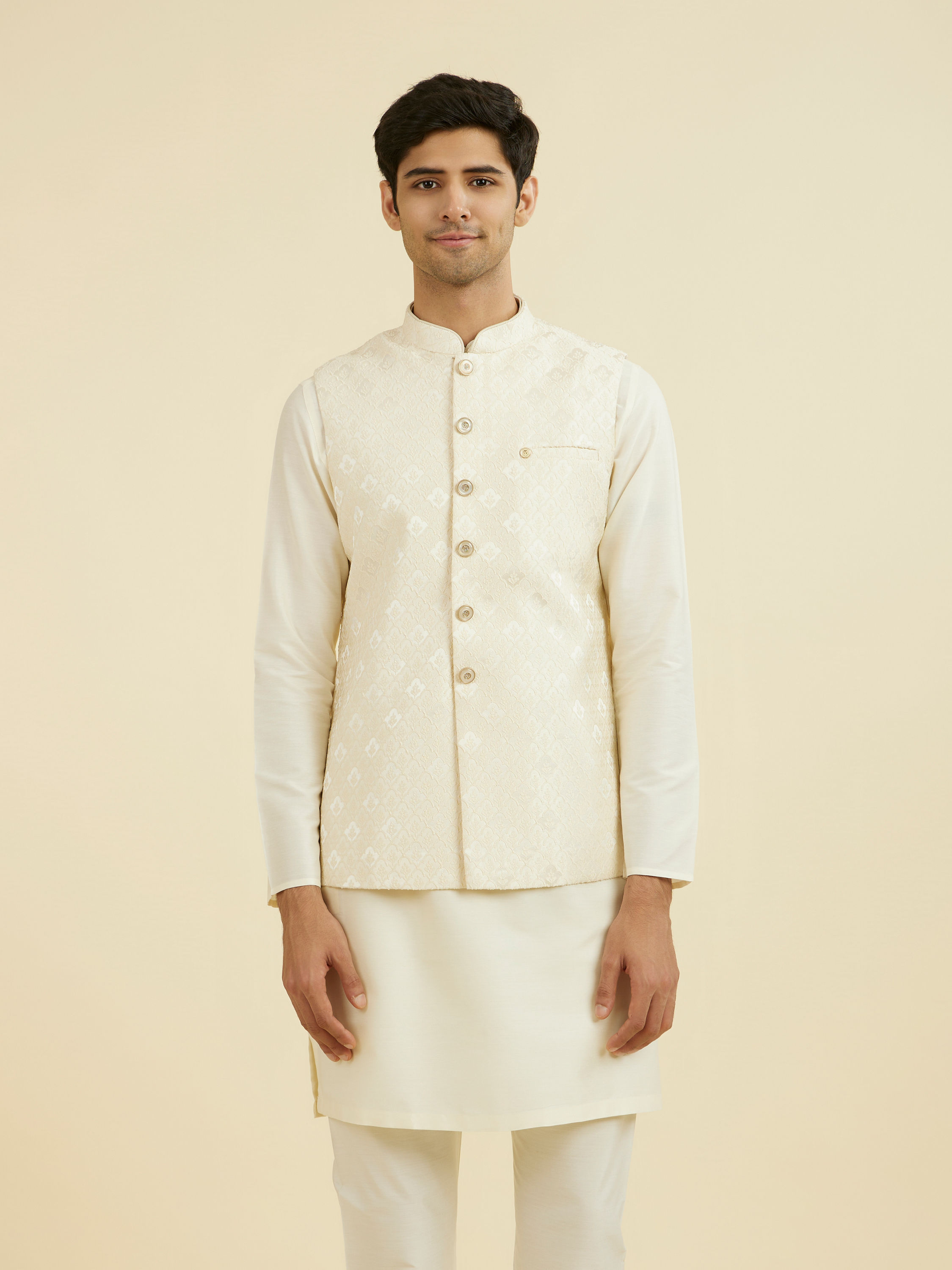 Manyavar Men Cream Brocade Nehru Jacket