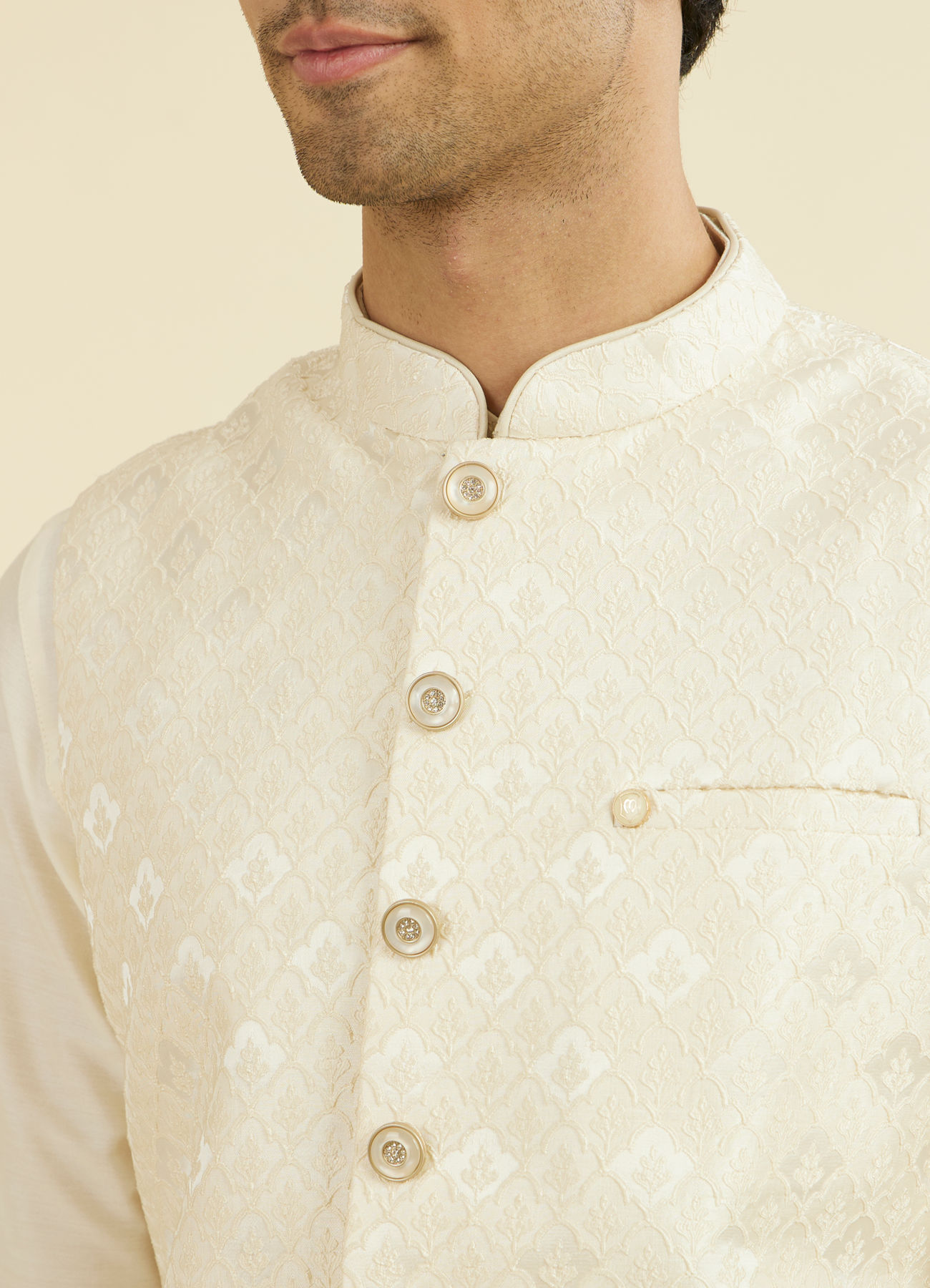 Manyavar Men Cream Brocade Nehru Jacket