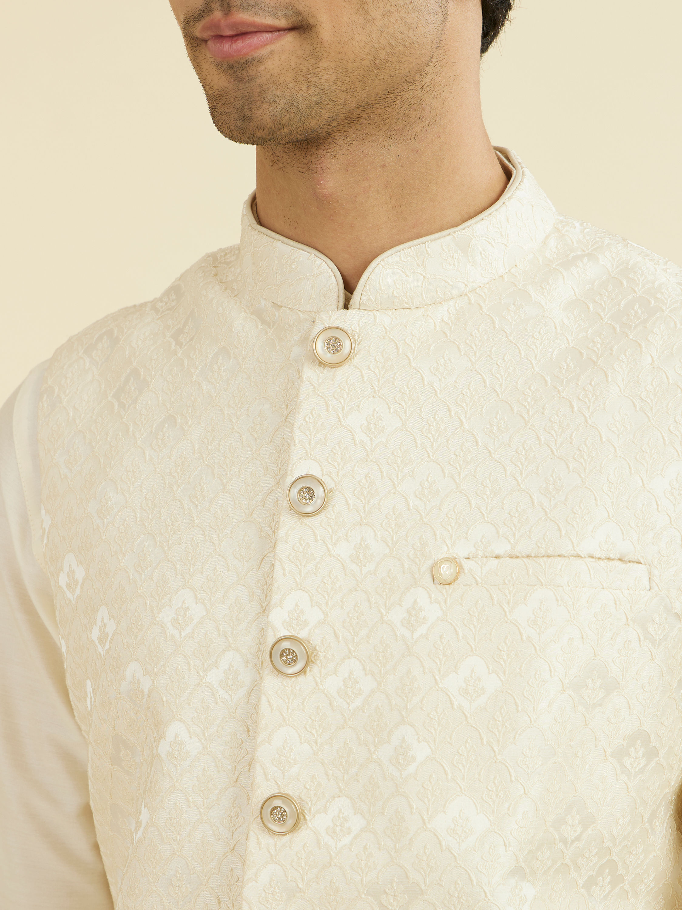 Manyavar Men Cream Brocade Nehru Jacket
