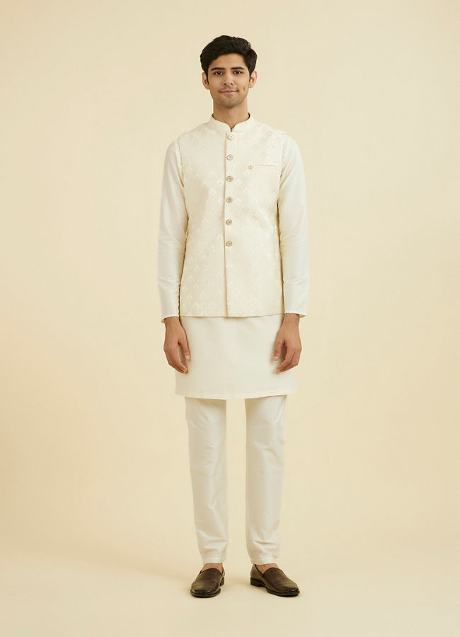 Manyavar Men Cream Brocade Nehru Jacket
