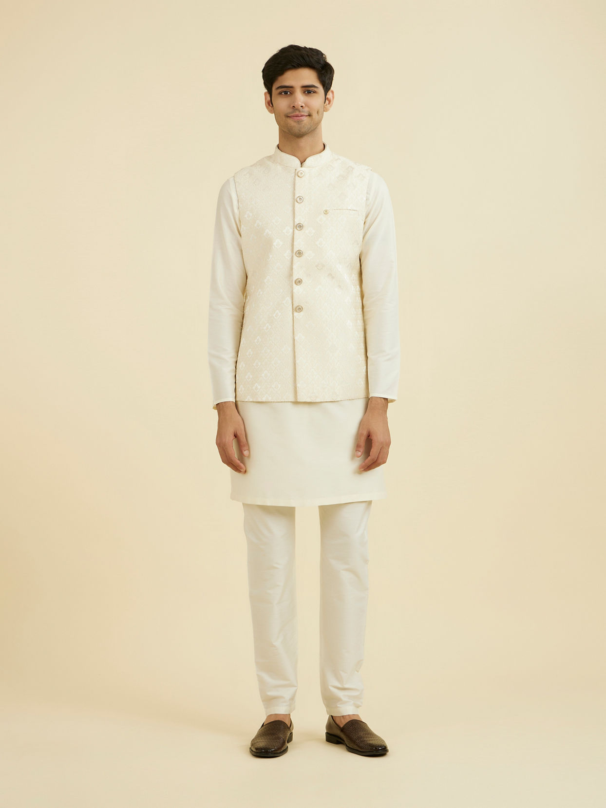 Manyavar Men Cream Brocade Nehru Jacket