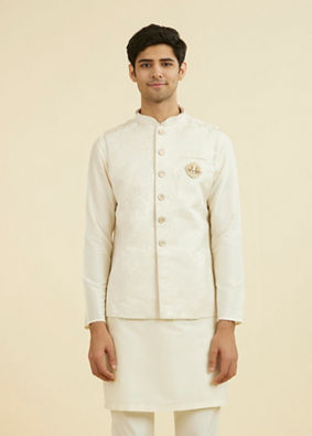 Manyavar Men Cream Brocade Nehru Jacket