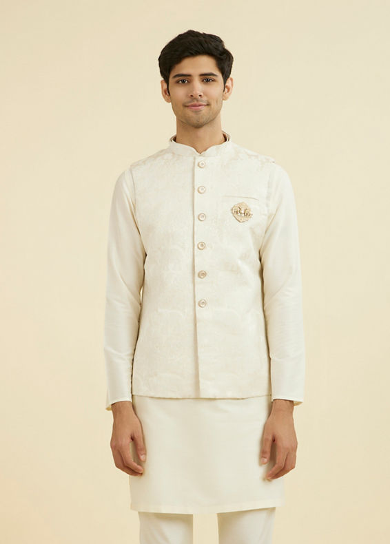 Manyavar Men Cream Brocade Nehru Jacket