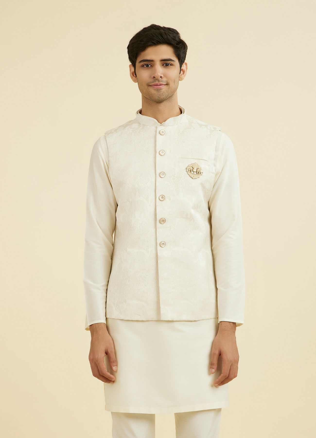 Manyavar Men Cream Brocade Nehru Jacket