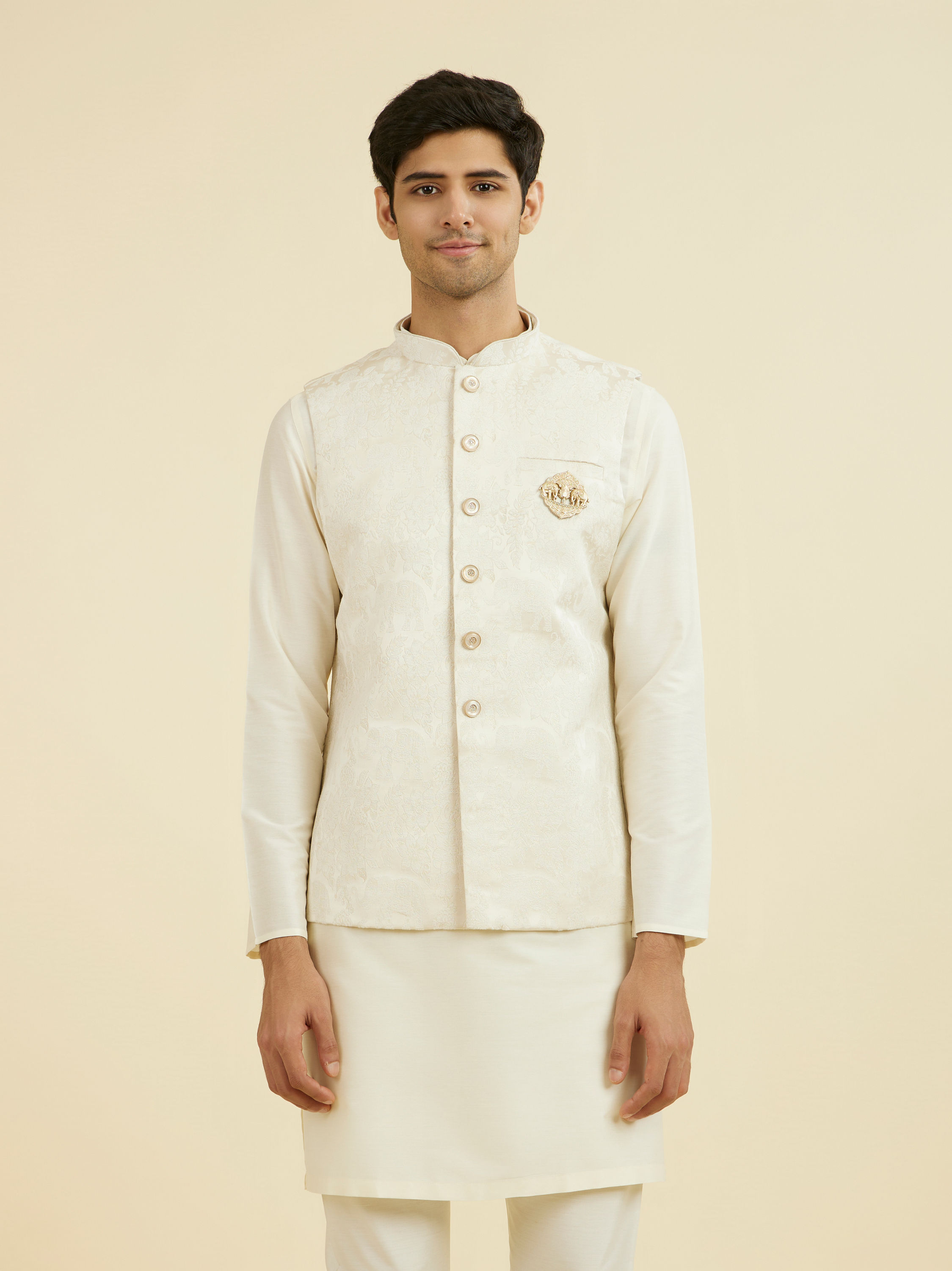Manyavar Men Cream Brocade Nehru Jacket