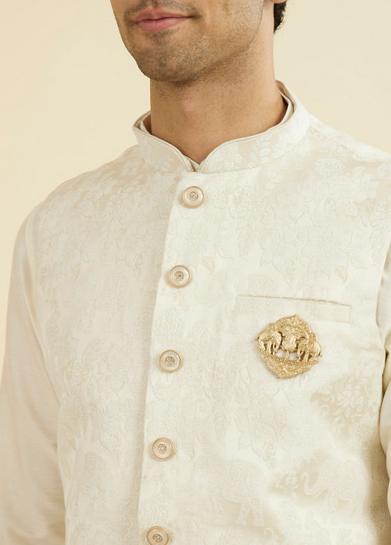 Manyavar Men Cream Brocade Nehru Jacket