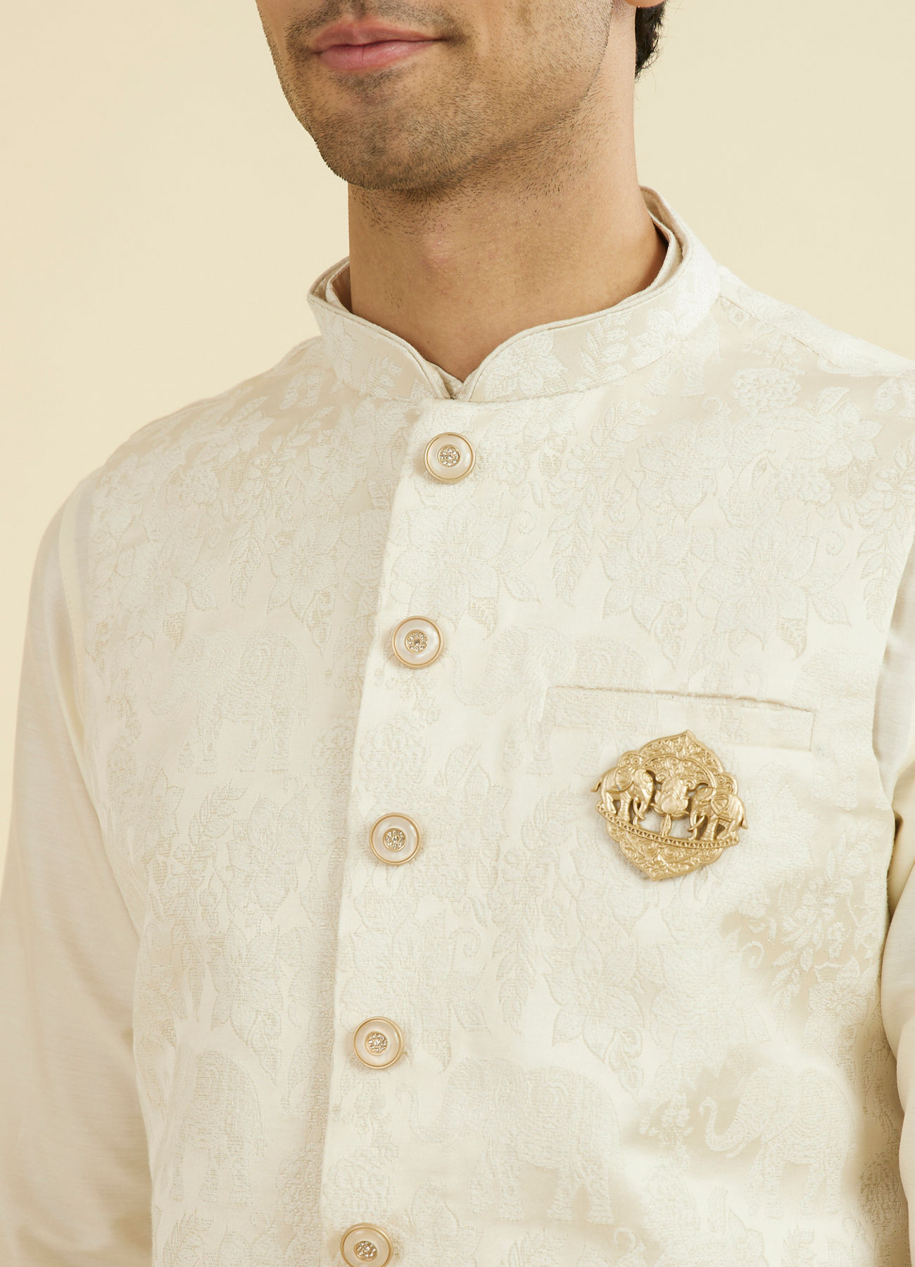 Manyavar Men Cream Brocade Nehru Jacket