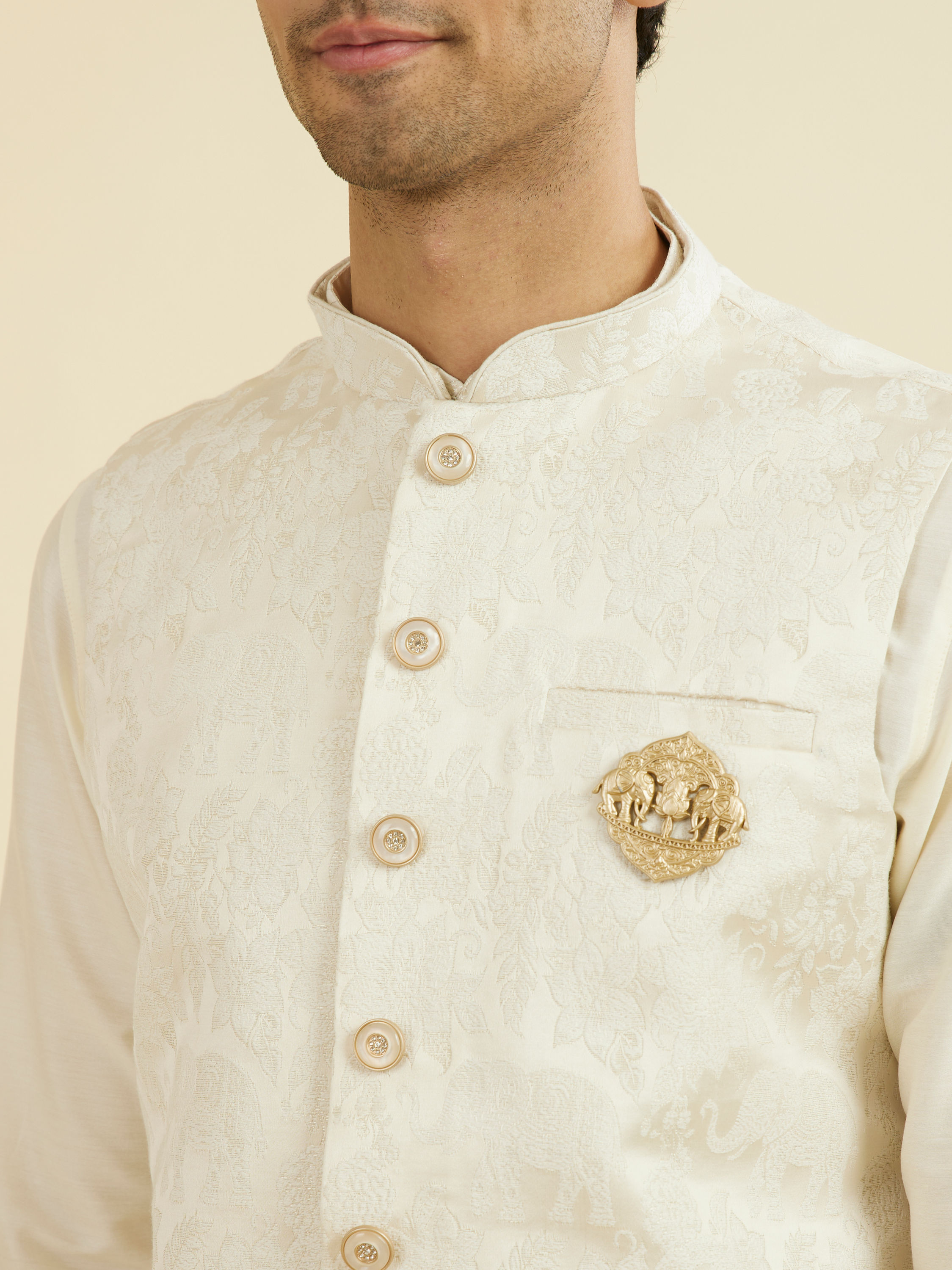 Manyavar Men Cream Brocade Nehru Jacket