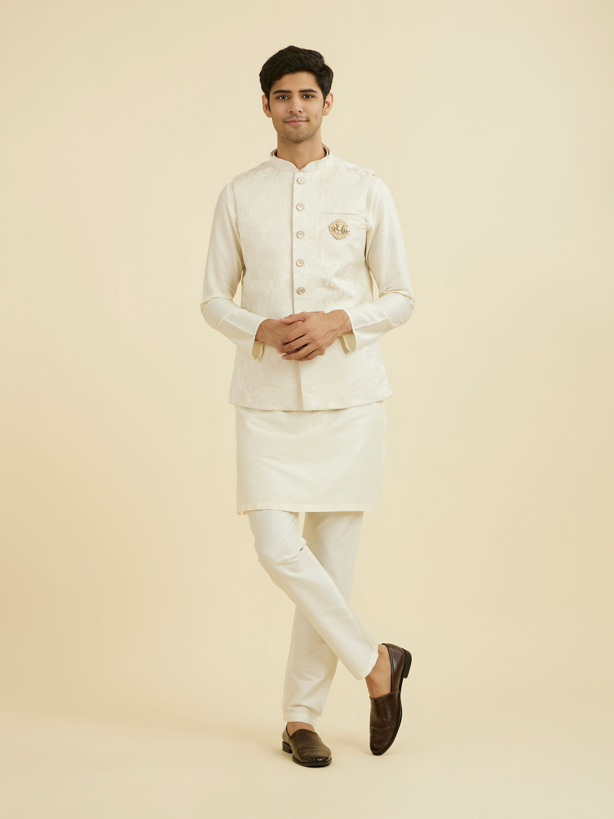Manyavar Men Cream Brocade Nehru Jacket