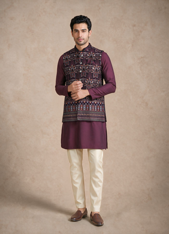 Manyavar Men Purple Velvet Nehru Jacket with Embroidery