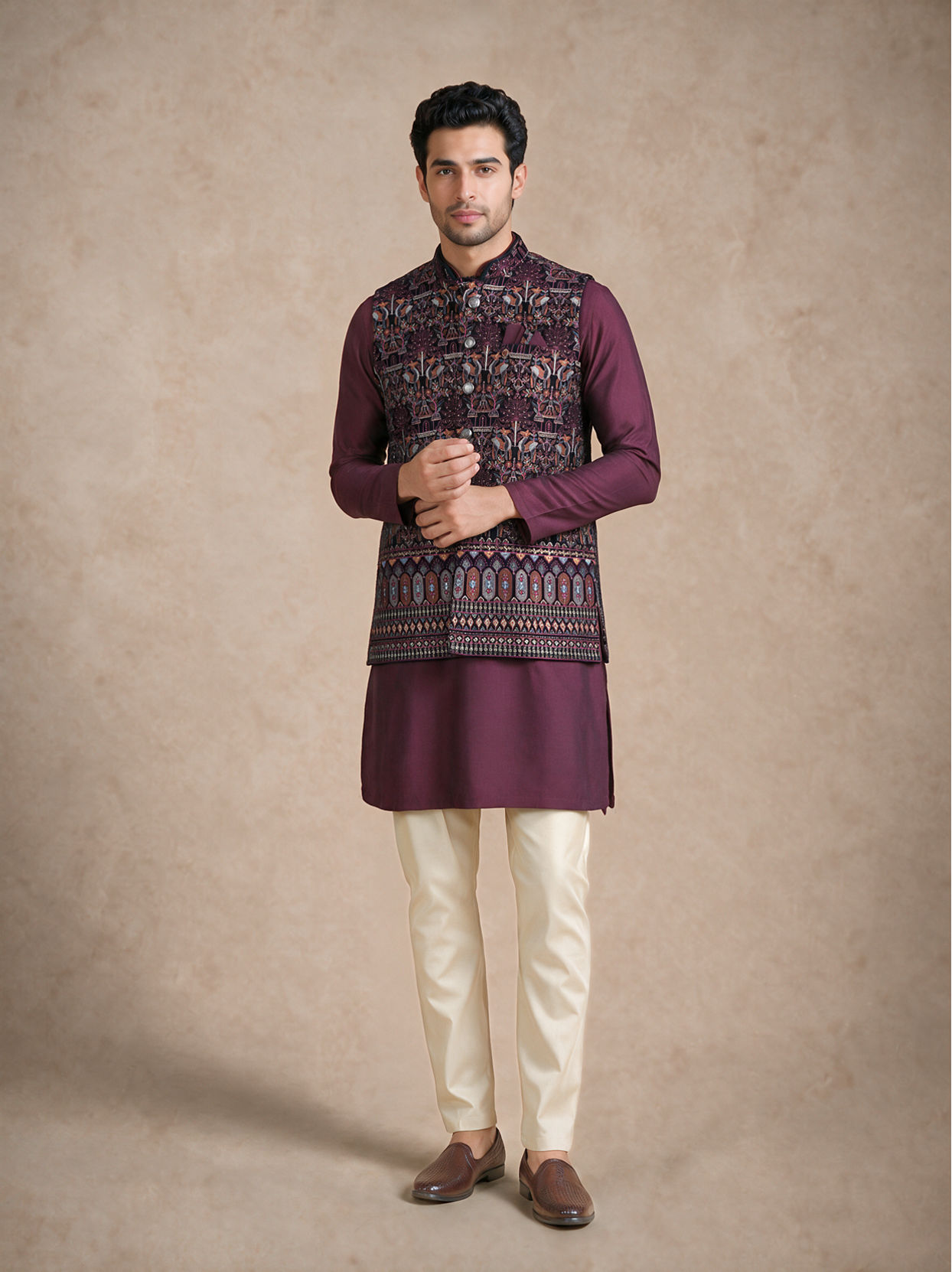 Manyavar Men Purple Velvet Nehru Jacket with Embroidery