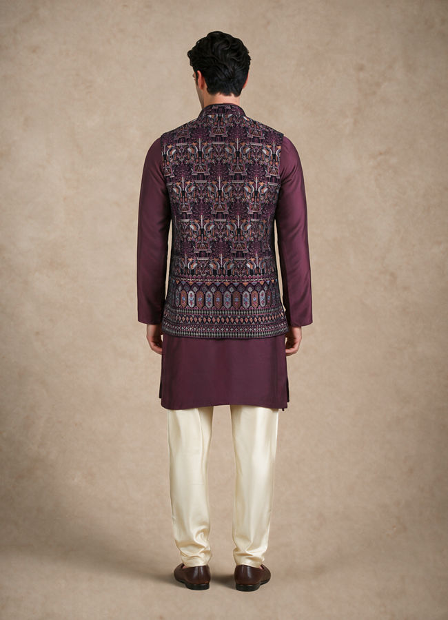 Manyavar Men Purple Velvet Nehru Jacket with Embroidery