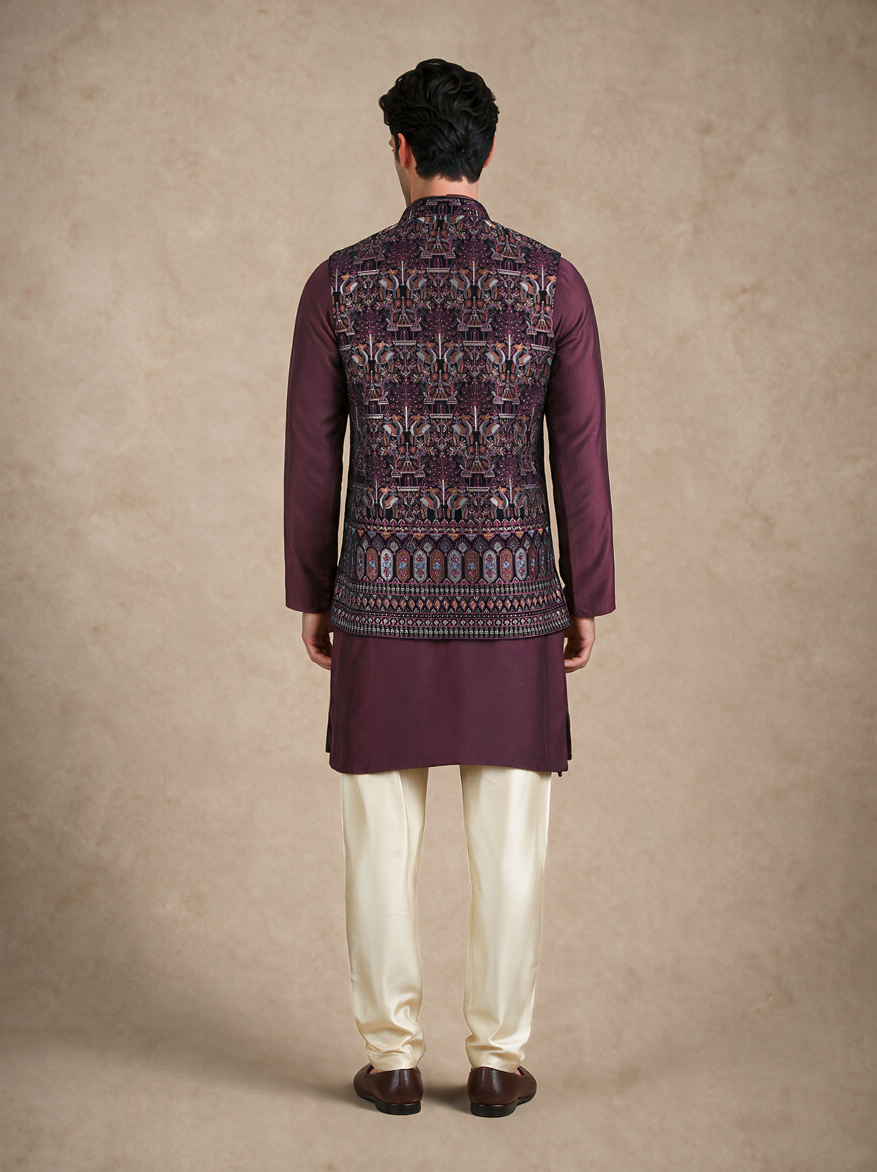 Manyavar Men Purple Velvet Nehru Jacket with Embroidery