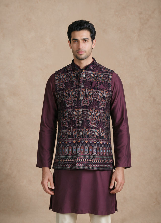 Manyavar Men Purple Velvet Nehru Jacket with Embroidery