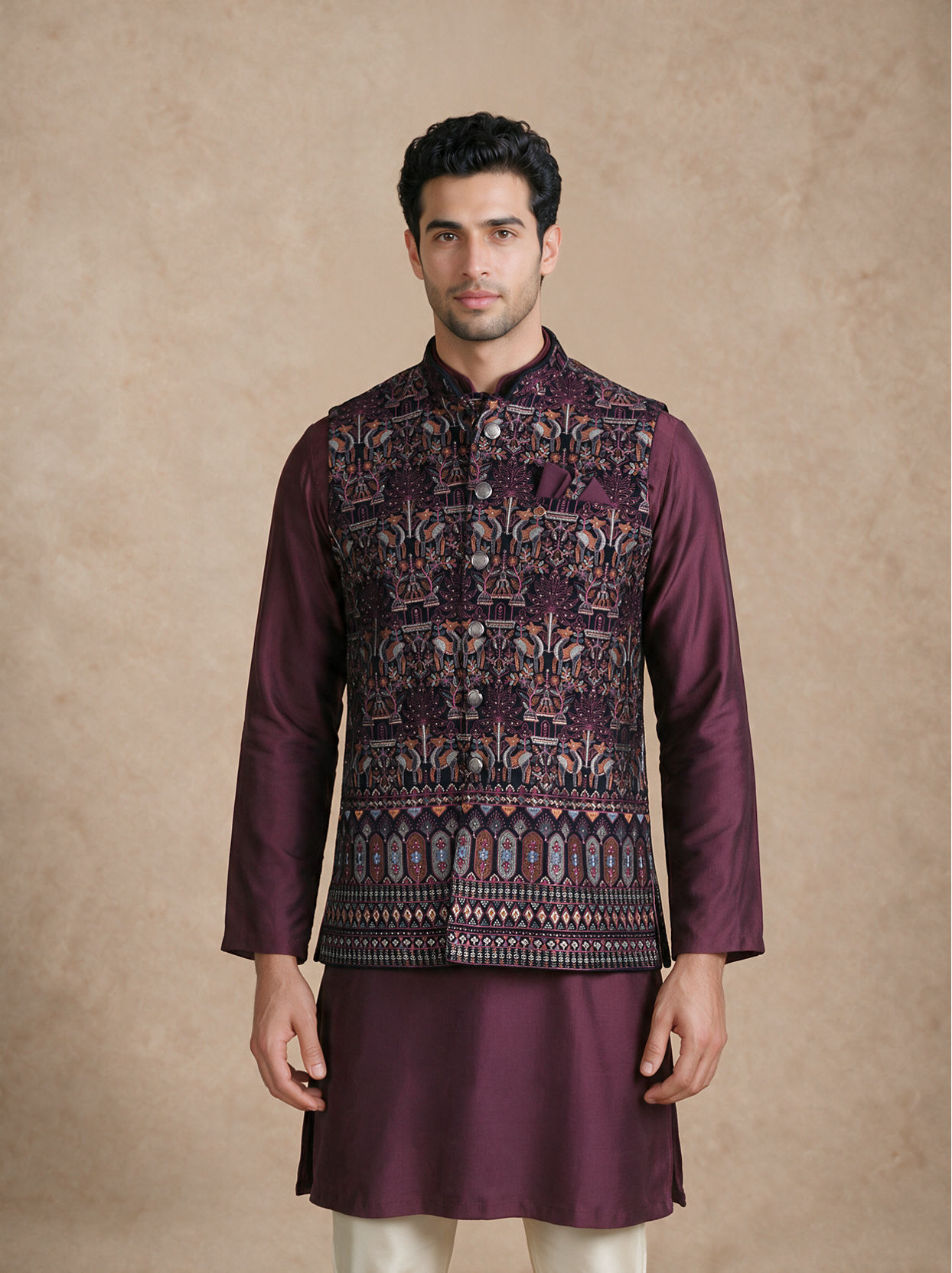 Manyavar Men Purple Velvet Nehru Jacket with Embroidery