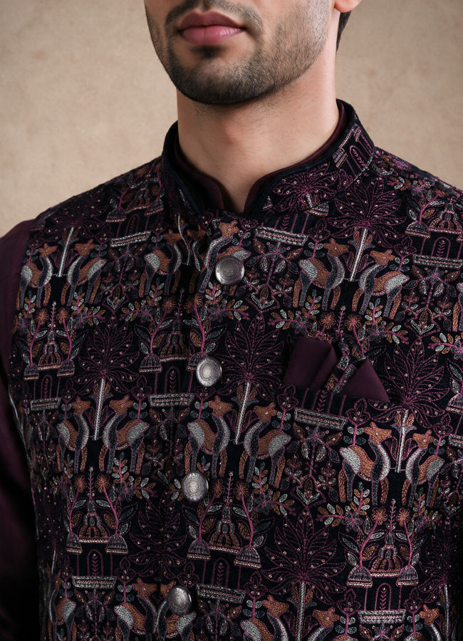 Manyavar Men Purple Velvet Nehru Jacket with Embroidery