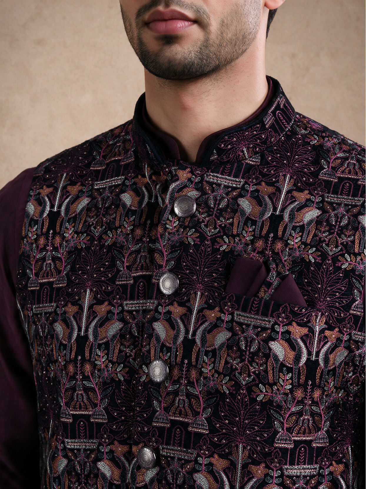 Manyavar Men Purple Velvet Nehru Jacket with Embroidery