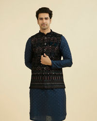 Manyavar Men Teal Velvet Nehru Jacket