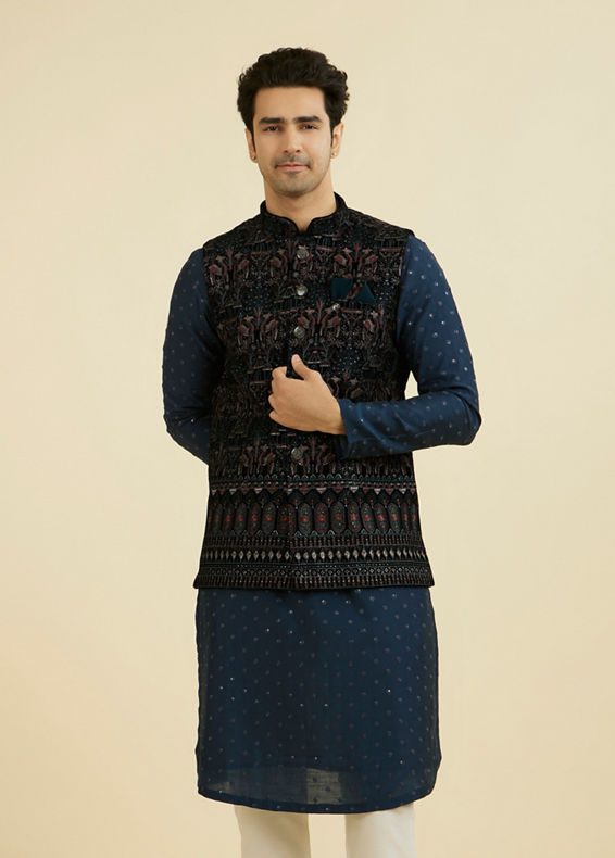 Manyavar Men Teal Velvet Nehru Jacket