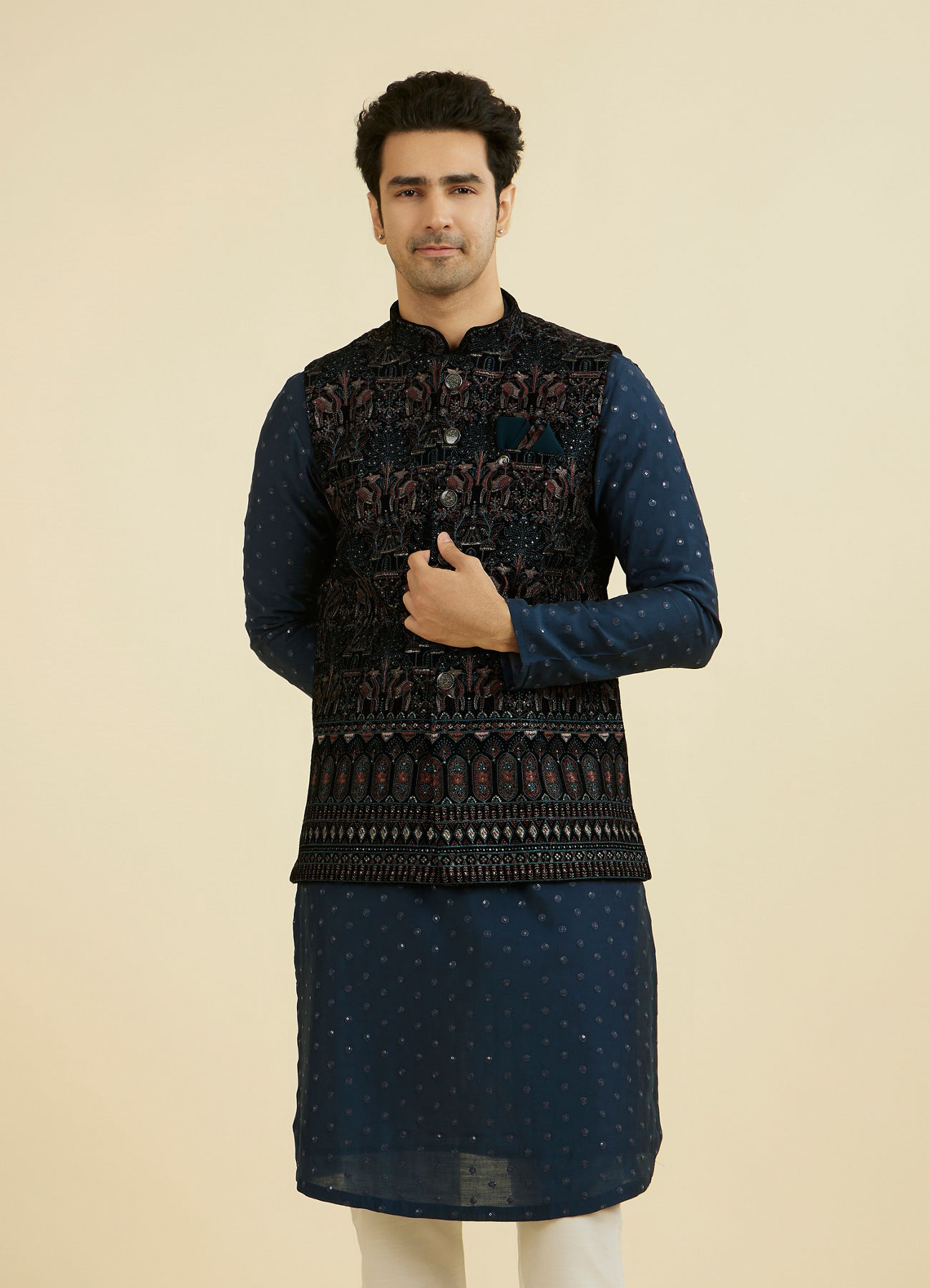 Manyavar Men Teal Velvet Nehru Jacket