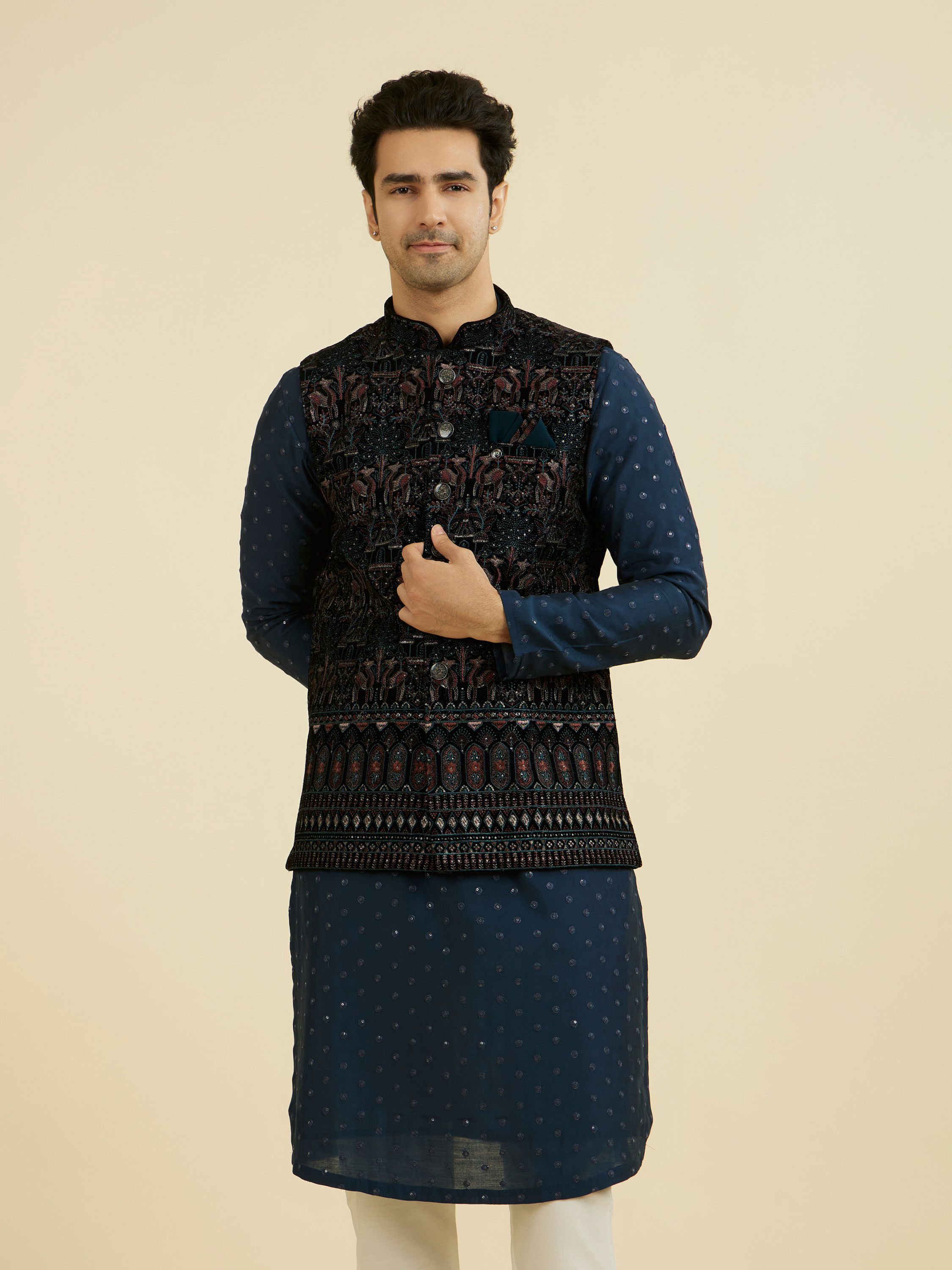 Manyavar Men Teal Velvet Nehru Jacket