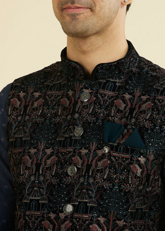 Manyavar Men Teal Velvet Nehru Jacket