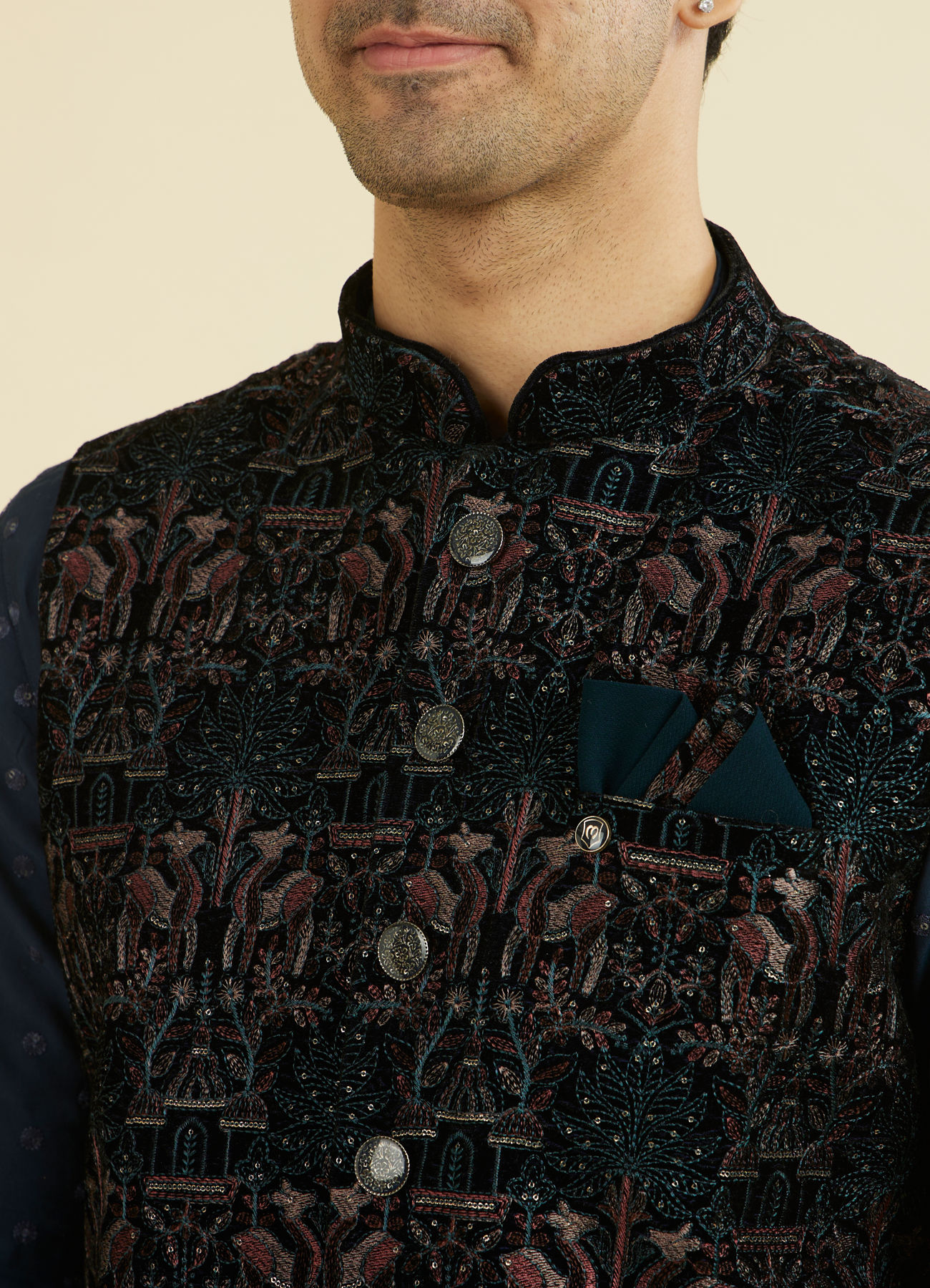 Manyavar Men Teal Velvet Nehru Jacket