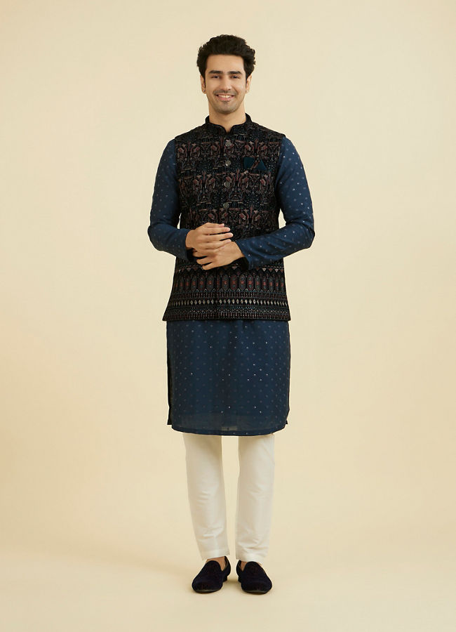 Manyavar Men Teal Velvet Nehru Jacket