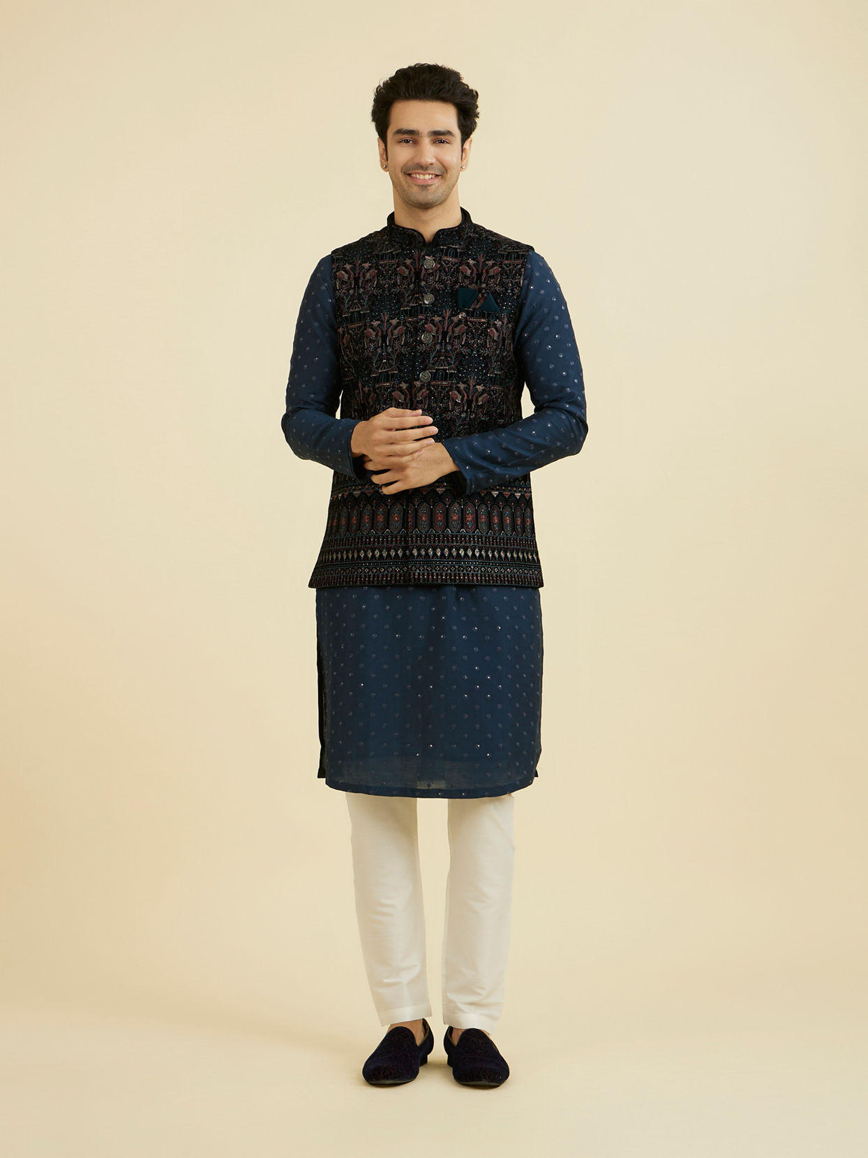 Manyavar Men Teal Velvet Nehru Jacket