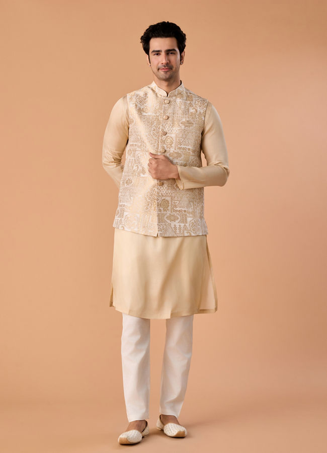 Manyavar Men Dazzling Gold Brocade Nehru Jacket