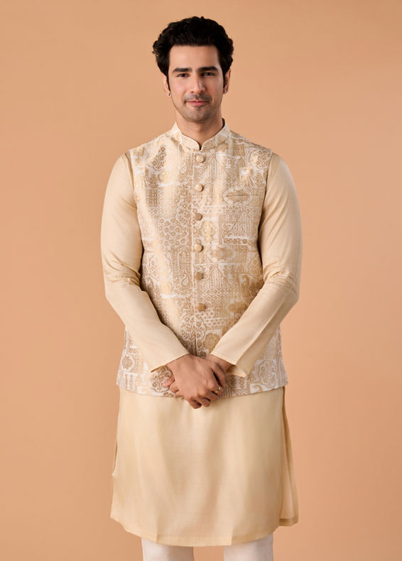Manyavar Men Dazzling Gold Brocade Nehru Jacket