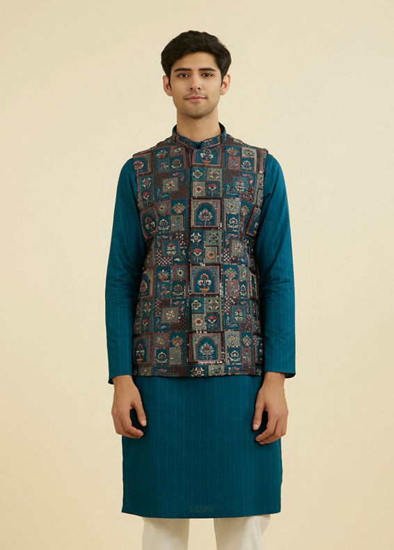 Manyavar Men Teal Blue Elegance Jacket
