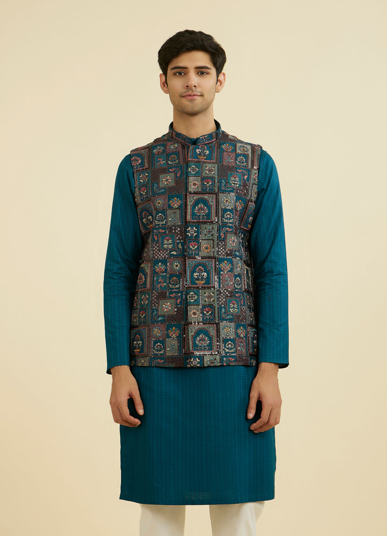 Manyavar Men Teal Blue Elegance Jacket