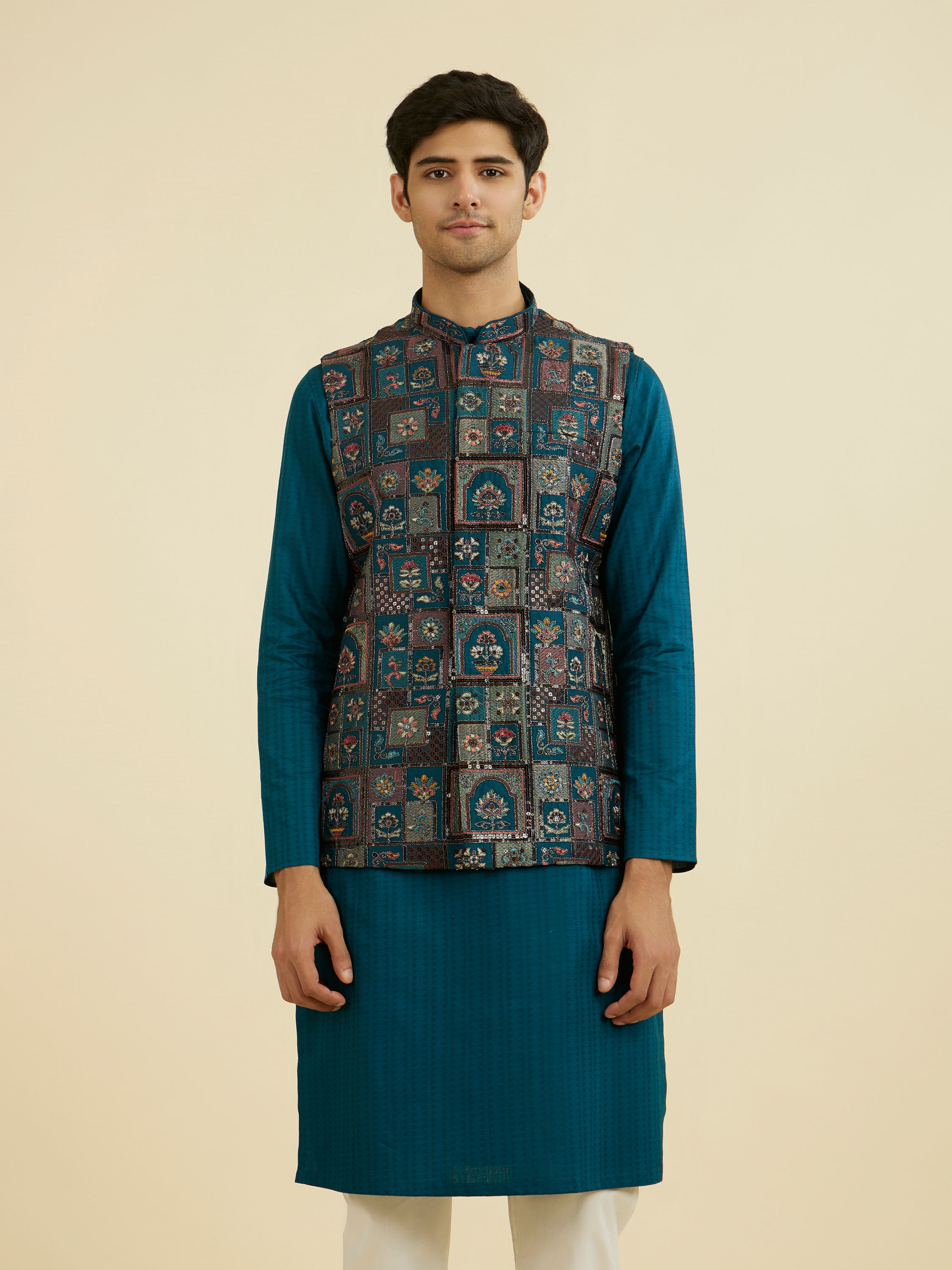 Manyavar Men Teal Blue Elegance Jacket