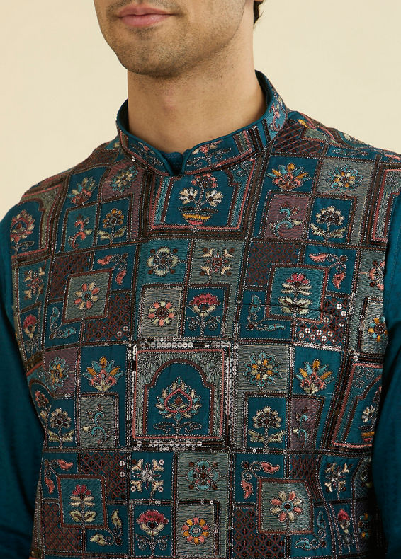 Manyavar Men Teal Blue Elegance Jacket