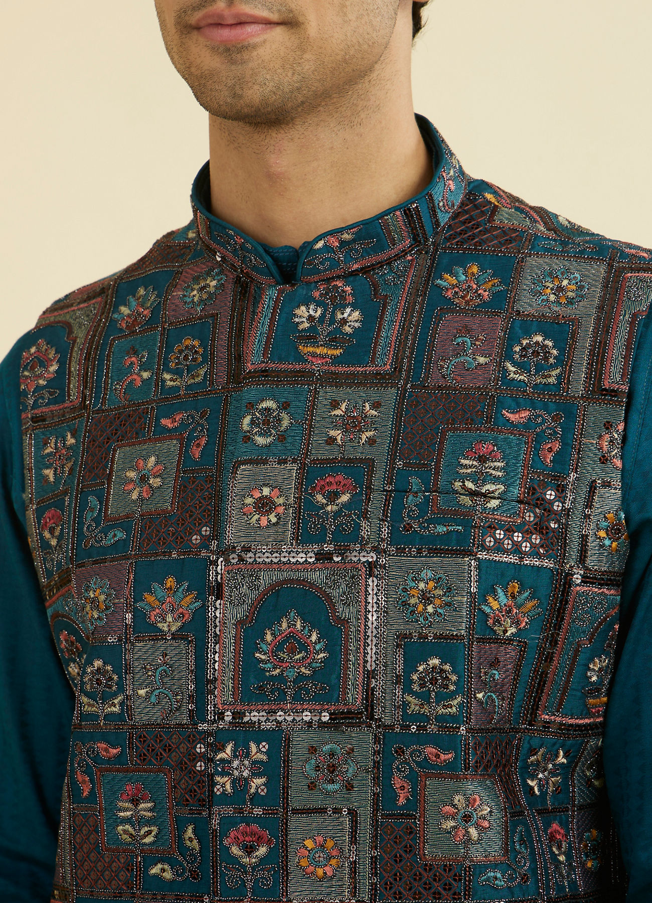 Manyavar Men Teal Blue Elegance Jacket