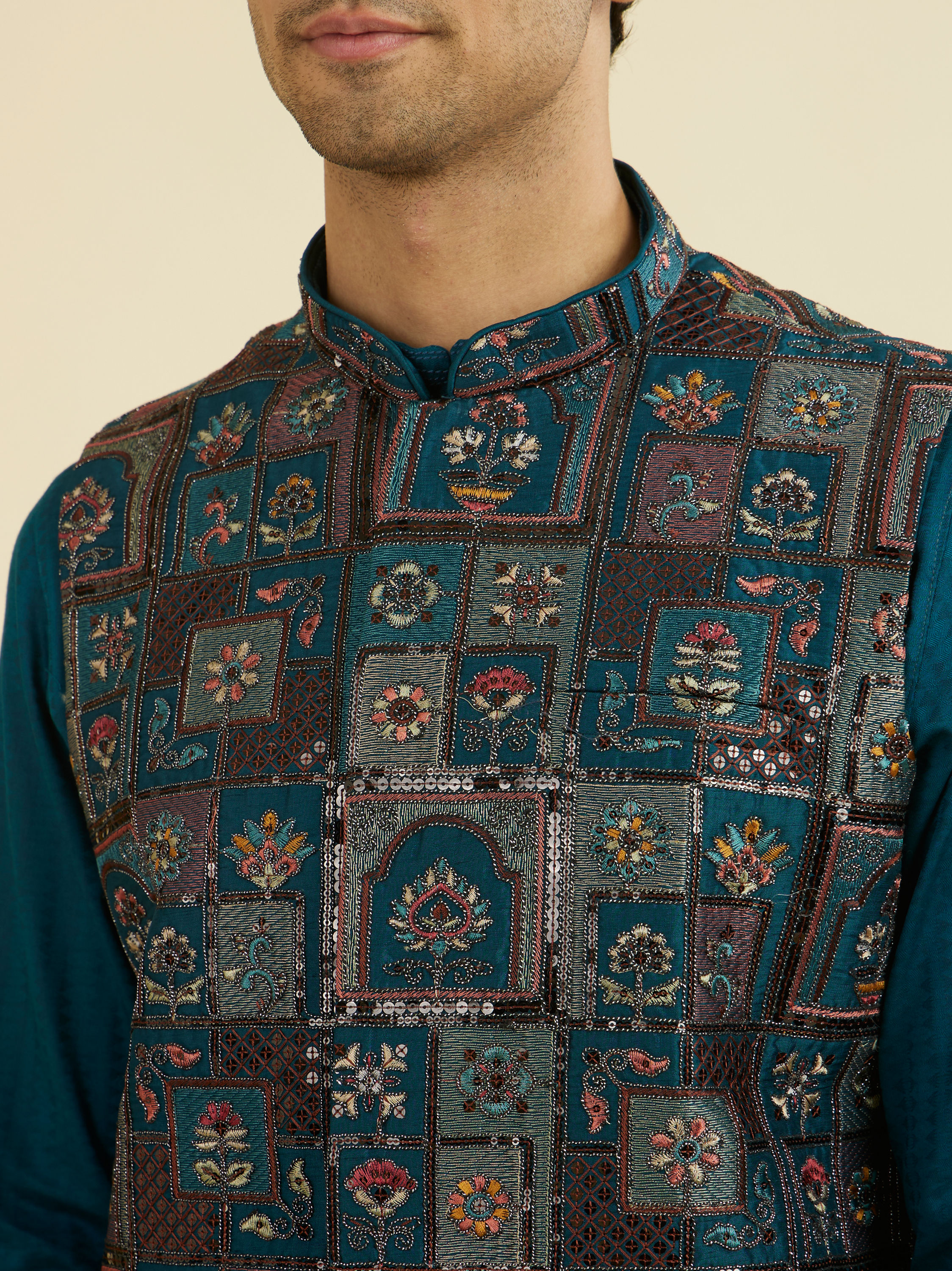 Manyavar Men Teal Blue Elegance Jacket