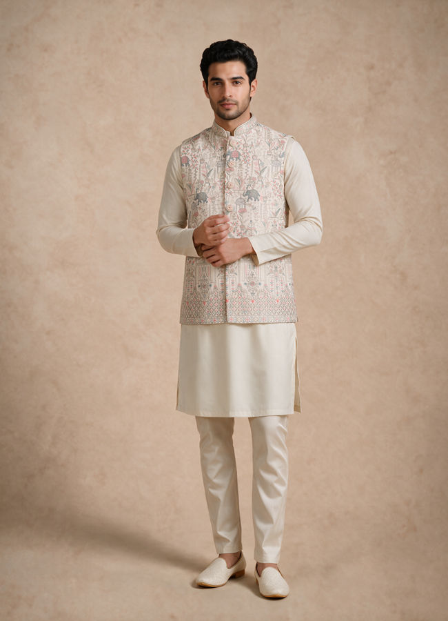 Manyavar Men Cream Art Silk Nehru Jacket with Embroidery