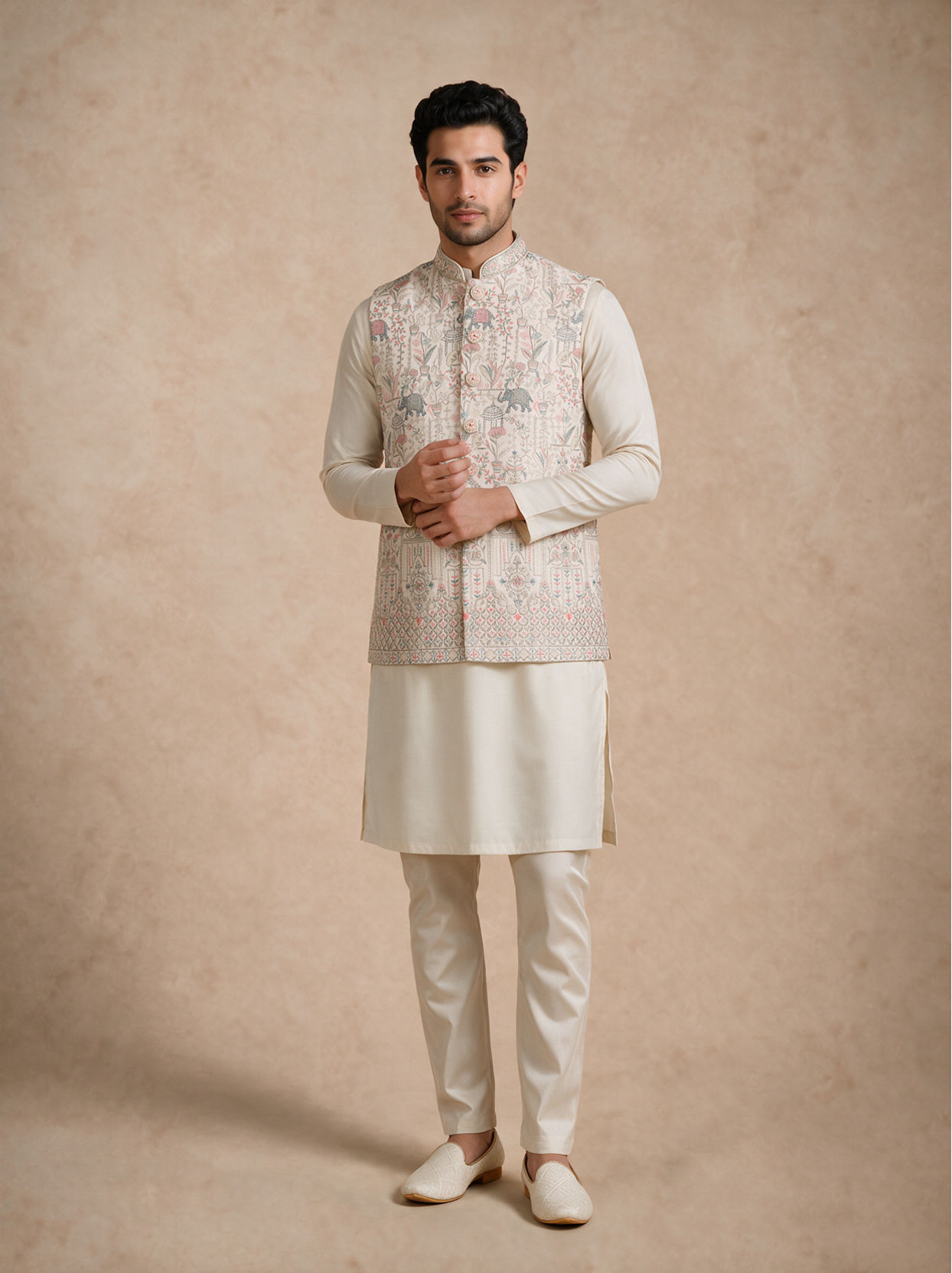 Manyavar Men Cream Art Silk Nehru Jacket with Embroidery