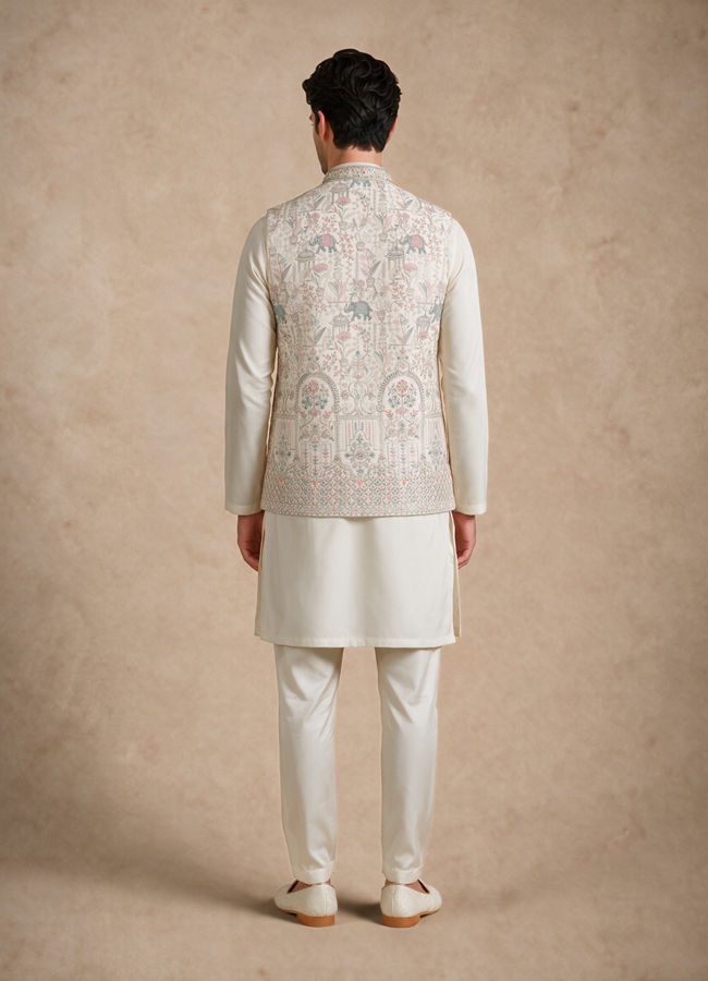 Manyavar Men Cream Art Silk Nehru Jacket with Embroidery